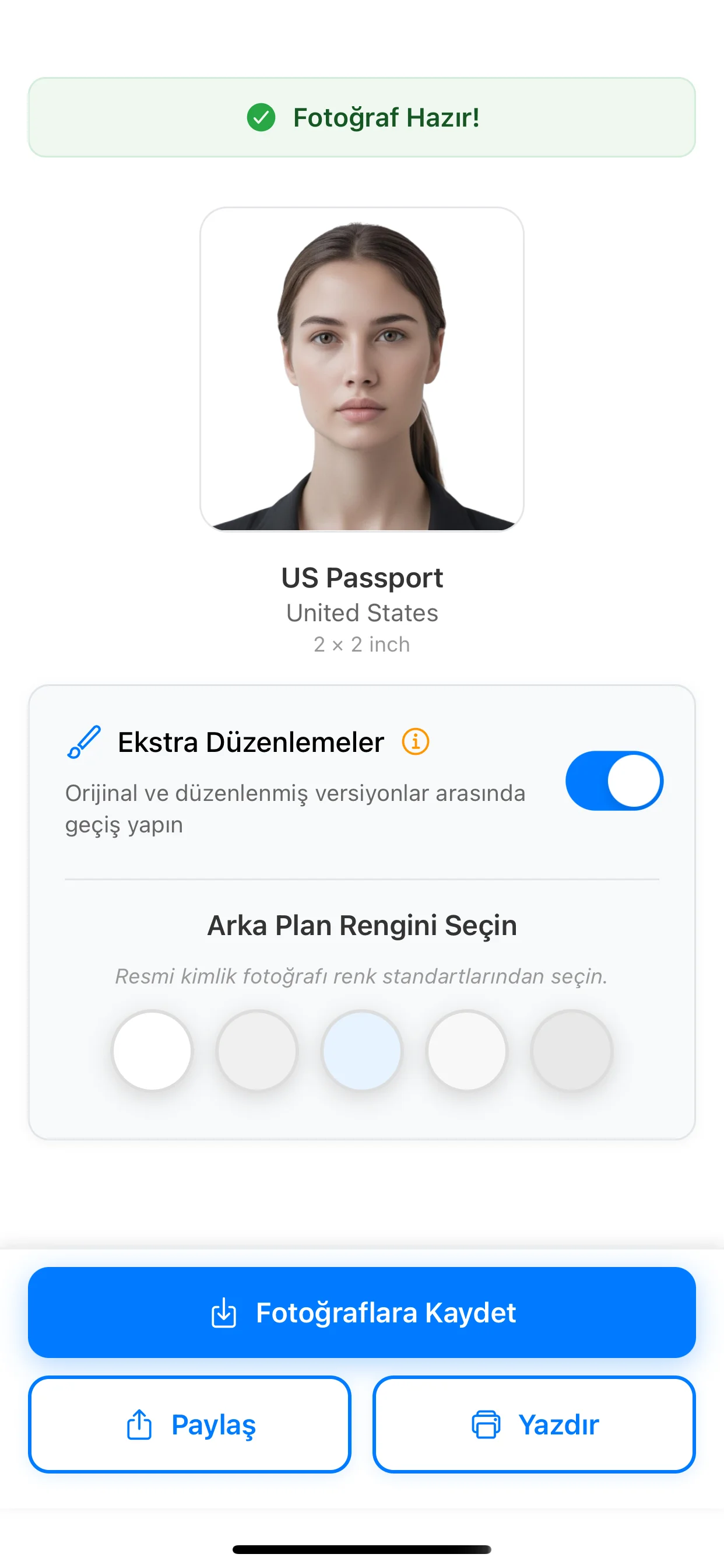 PhotoID uygulamasında hazırlanmış belge fotoğrafı sonucu